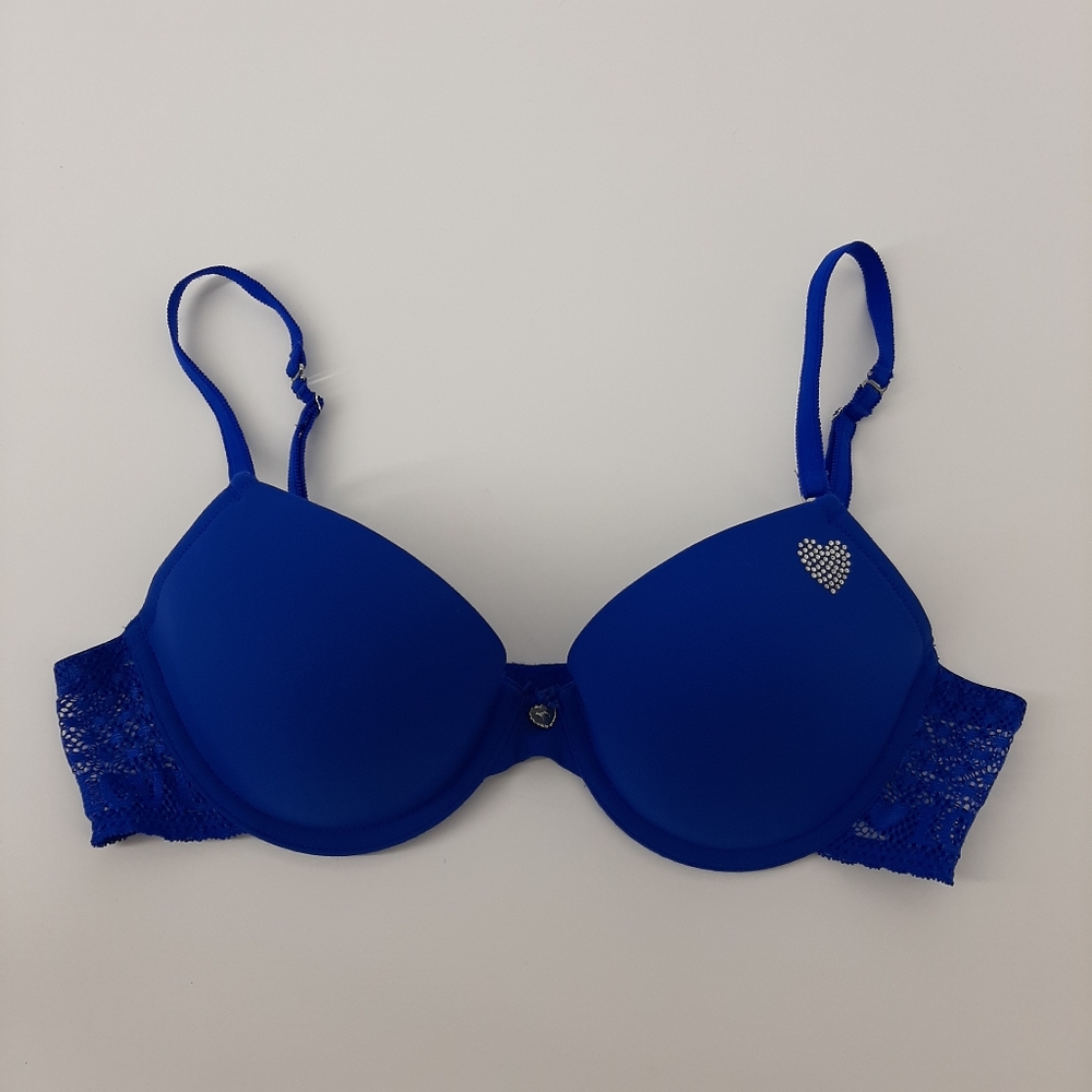 2008 Victoria's Secret PINK 36B T-Shirt Bra Royal Blue Rhinestone 💙 Heart